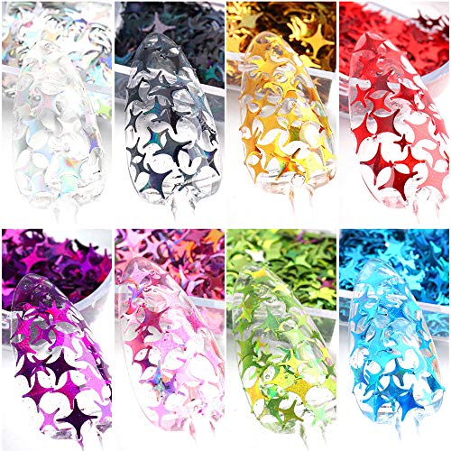 Star Nail Art Stickers Glitter Four-Pointed Star Flakes Nail Art Sequins Paillette Confetti Holographic Laser Shining Gel Colorful Nails Decoration Diy Acrylic Nail Supplies Manicure Tips 12 Grids #TOP1