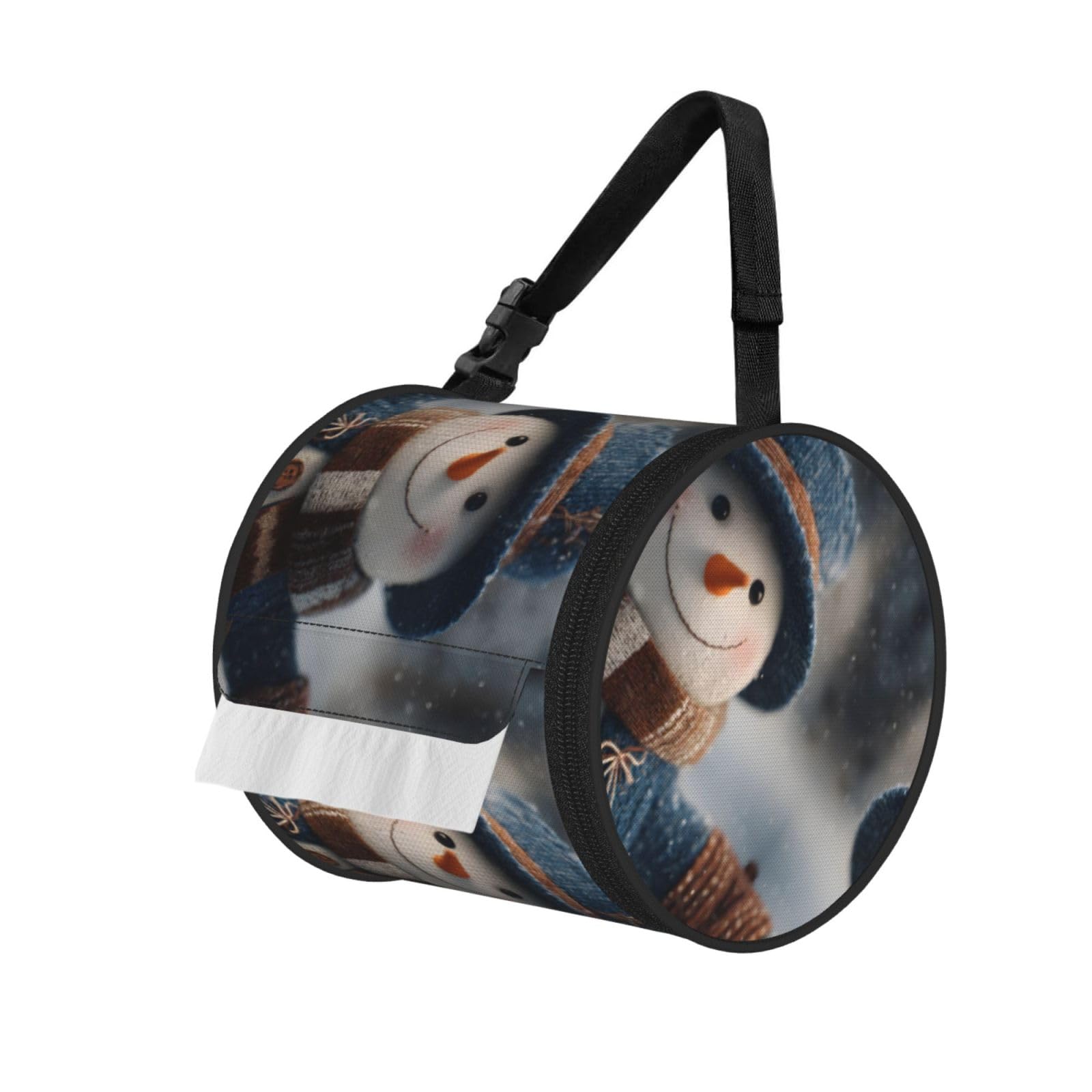 Christmas Happy Snowman Printed Cylindrical Tissue Bag Portable Oxford Cloth, Foldable Travel Tissue Holder With Zipper And Adjustable Belt