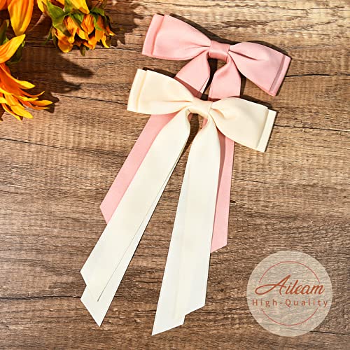 2PCS Silky Satin Hair Bows Hair Clip Beige Pink Hair Ribbon Ponytail Holder Accessories Slides Metal Clips Hair Bow for Women Girls Toddlers Teens Kids