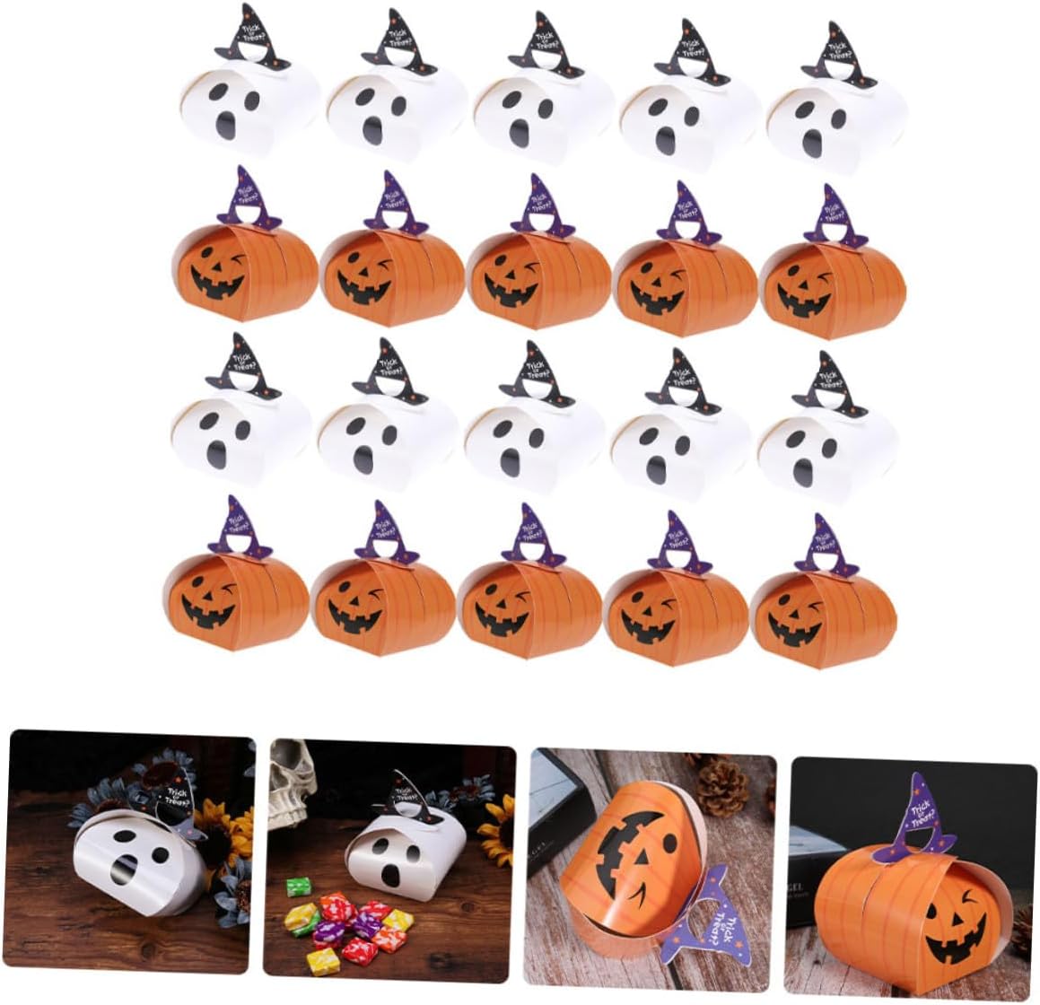 Operitacx Halloween Candy Boxes 50pcs Tote Paper Boxes Orange Pumpkin White Ghost Design Halloween Festival Candy Storage Containers for Party Trick Or Treat