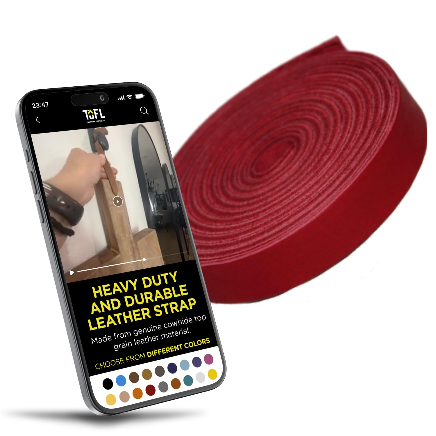 TOFL 3/8" Wide Flat Leather Cord – 72" (6 Feet) Long × 1/8" Thick (7-8oz) | Real Cowhide Leather Strips for Crafts | Cardinal Red