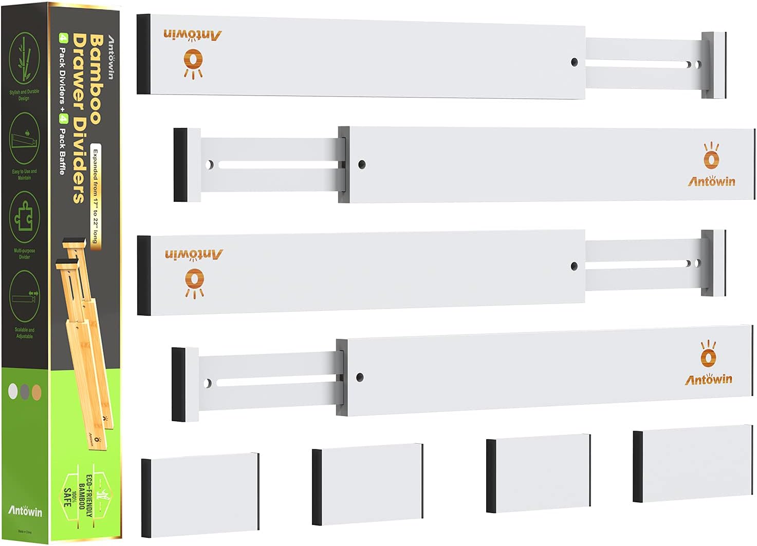 ANTOWIN Bamboo Drawer Dividers Organizers, Expandable Drawer Separators Splitter,17-22 inches Long Adjustable Spring-loaded Organizer for Large Utensil, Clothes, Tools Drawers (White)