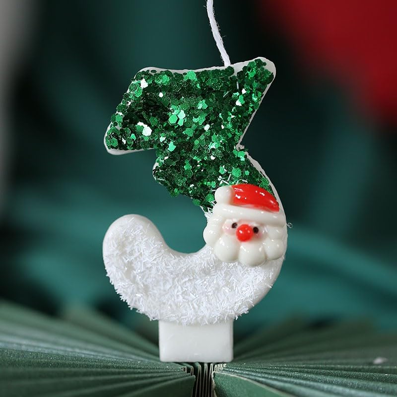 Christmas Birthday Number Candle Green Sequins Numeral Candles with Cute Santa Claus 0-9 Cake Topper Decoration for Christmas Birthday, Birthday Candles for Wedding Reunion Theme Party (3)