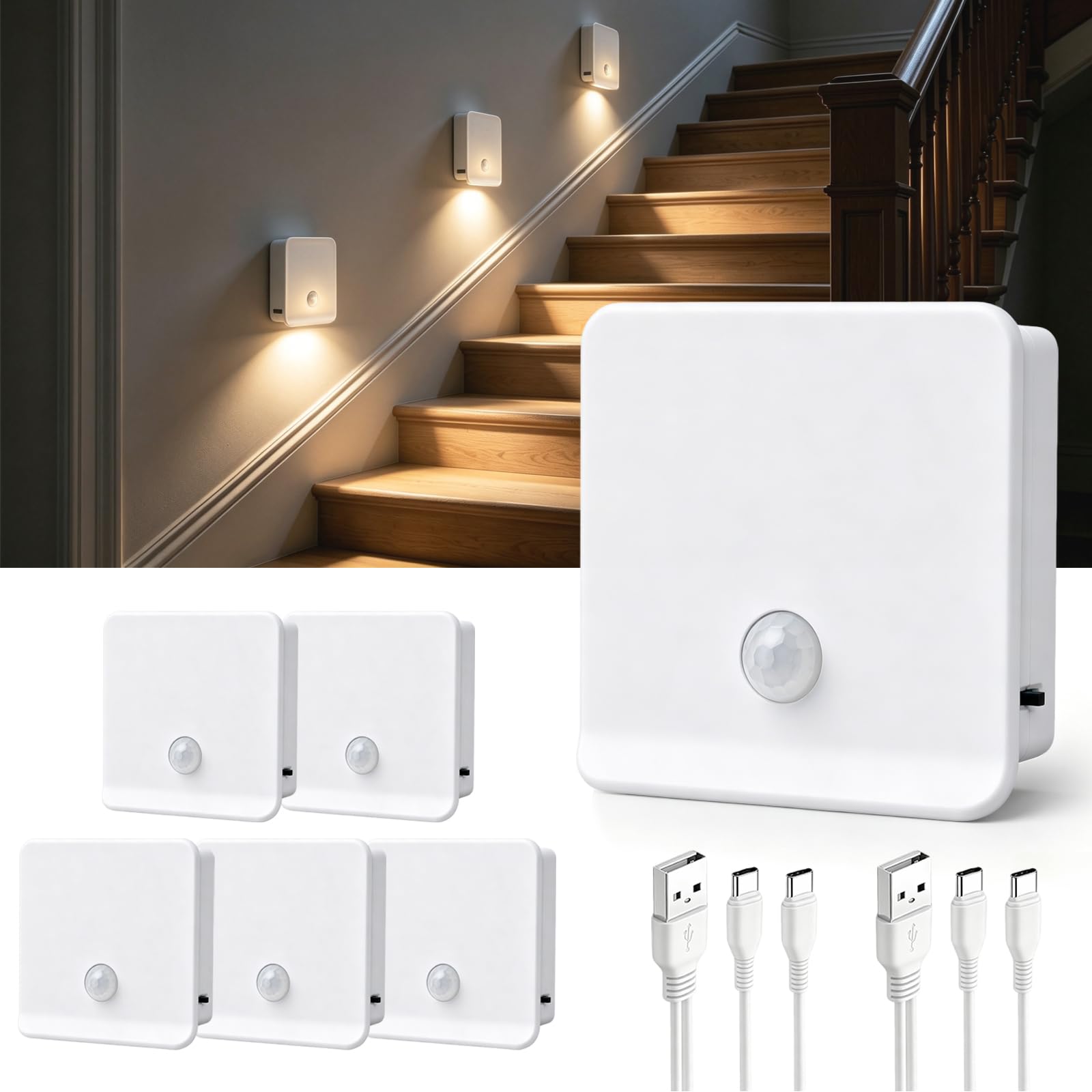 YzzYzz LED Nachtlicht mit Bewegungsmelder, Akku, 6er Pack, 3000 K, 20 lm | treppenbeleuchtung treppenlicht schrankbeleuchtung sensorlicht innen magnetische orientierungsleuchte flur bad kleiderschrank