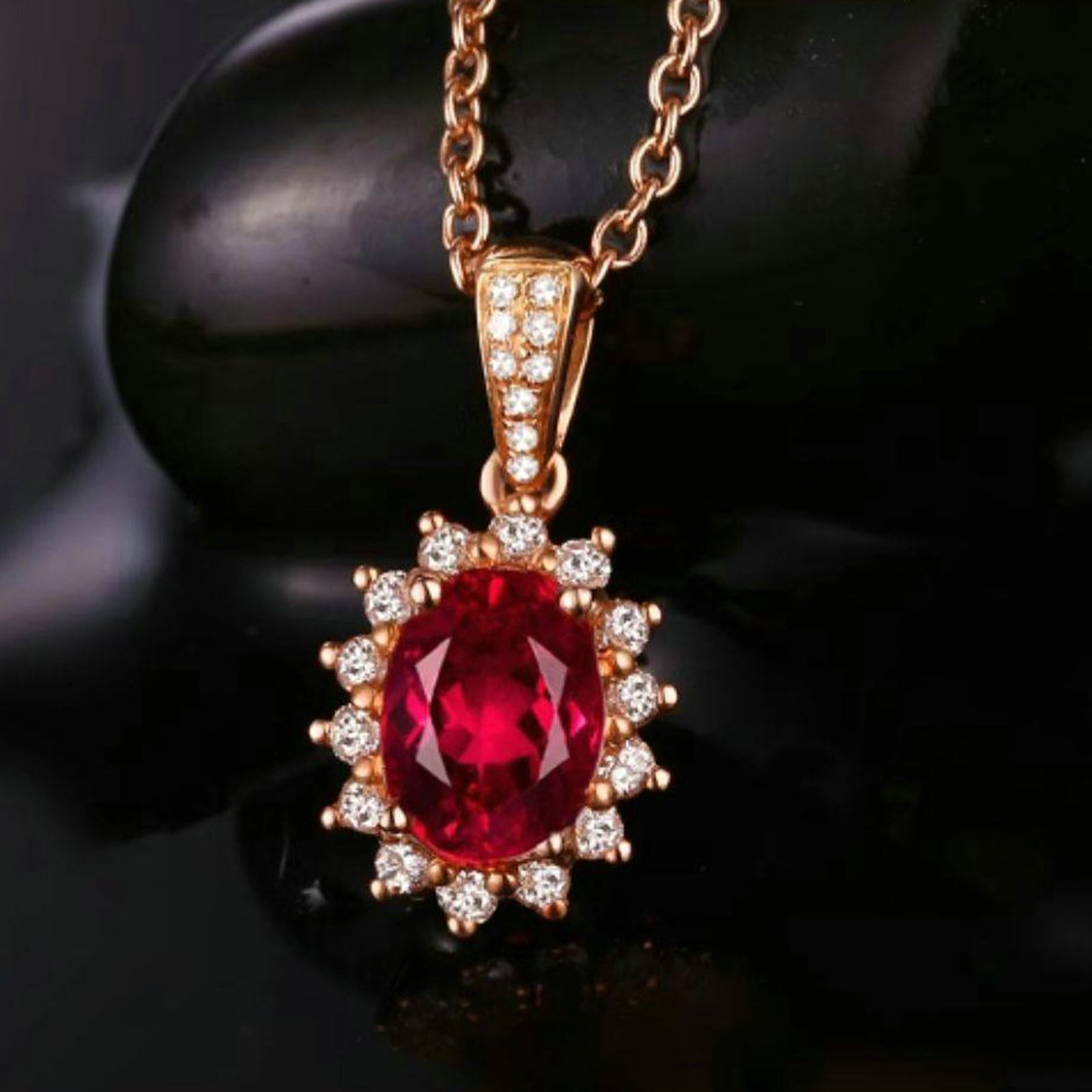 Collar para mujer de oro rosa 750 585 375 de oro auténtico con colgante, cadena colgante de flor con rubí de 1 ct y diamante de 0,19 ct, collar sin níquel, 45 cm
