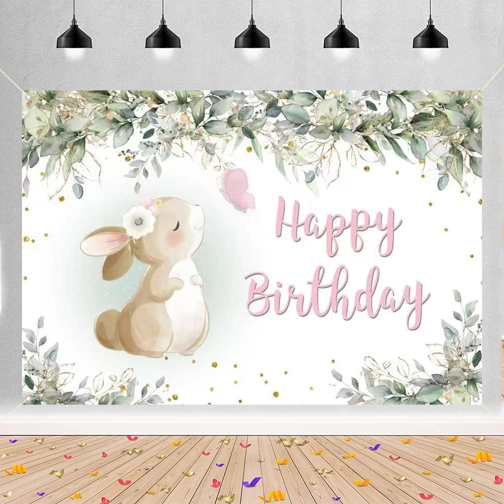 Birthday Decorations for Girl, Fabric Sign Poster Bunny Backdrop Banner Girl 1st 2nd 3rd 4th 5th Birthday Party Supplies Photo Background Welcome Sign, 150 cm x 90 cm