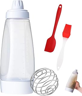 Teigspender Quetschflasche, Teigportionierer Pfannkuchen Mehrzweck mit Messmarken Rührkugel Silikonölpinsel, für Pfannkuchen, CrêPes und Waffeln UVM
