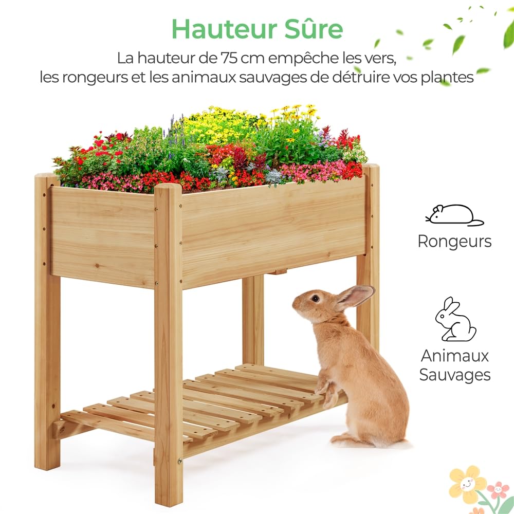 Yaheetech Carré Potager sur Pied en Bois avec Plateau Intérieur Extérieur Structure Ergonomique Trous de Drainage pour Balcon/Jardin