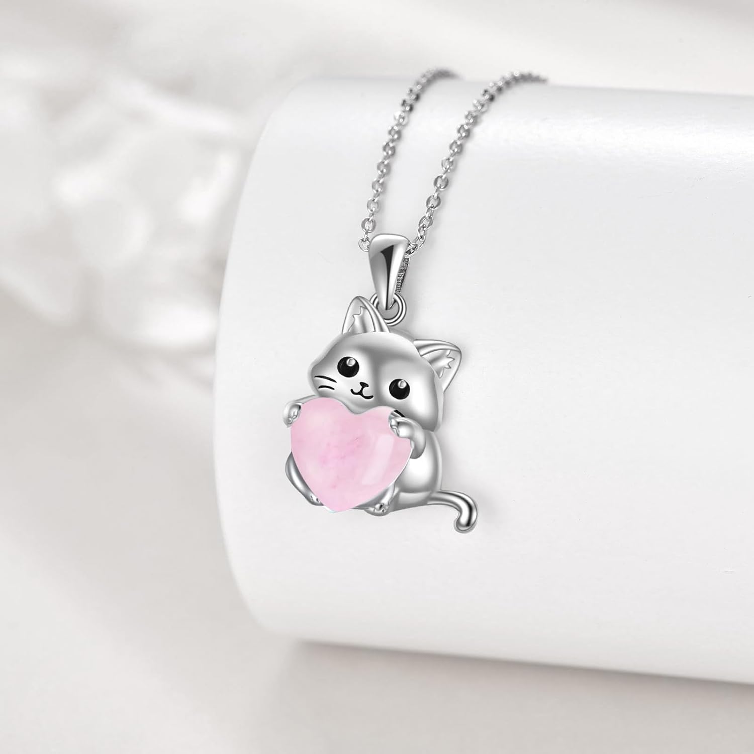 Cat Necklace for Women 925 Sterling Silver Rose Quartz/Moonstone Jewelry Cat Lover Gift Mothers Day Gifts - Image 5