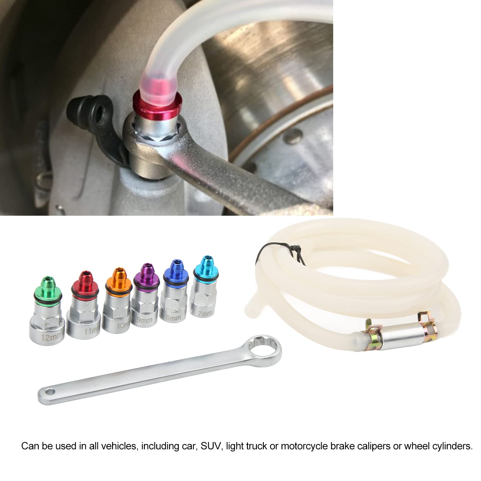 Brake Bleeder Wrench Kit, with 6 Adapters of 7-12mm, with Universal Drain Hose, Ideal for Car SUV Motorcycle