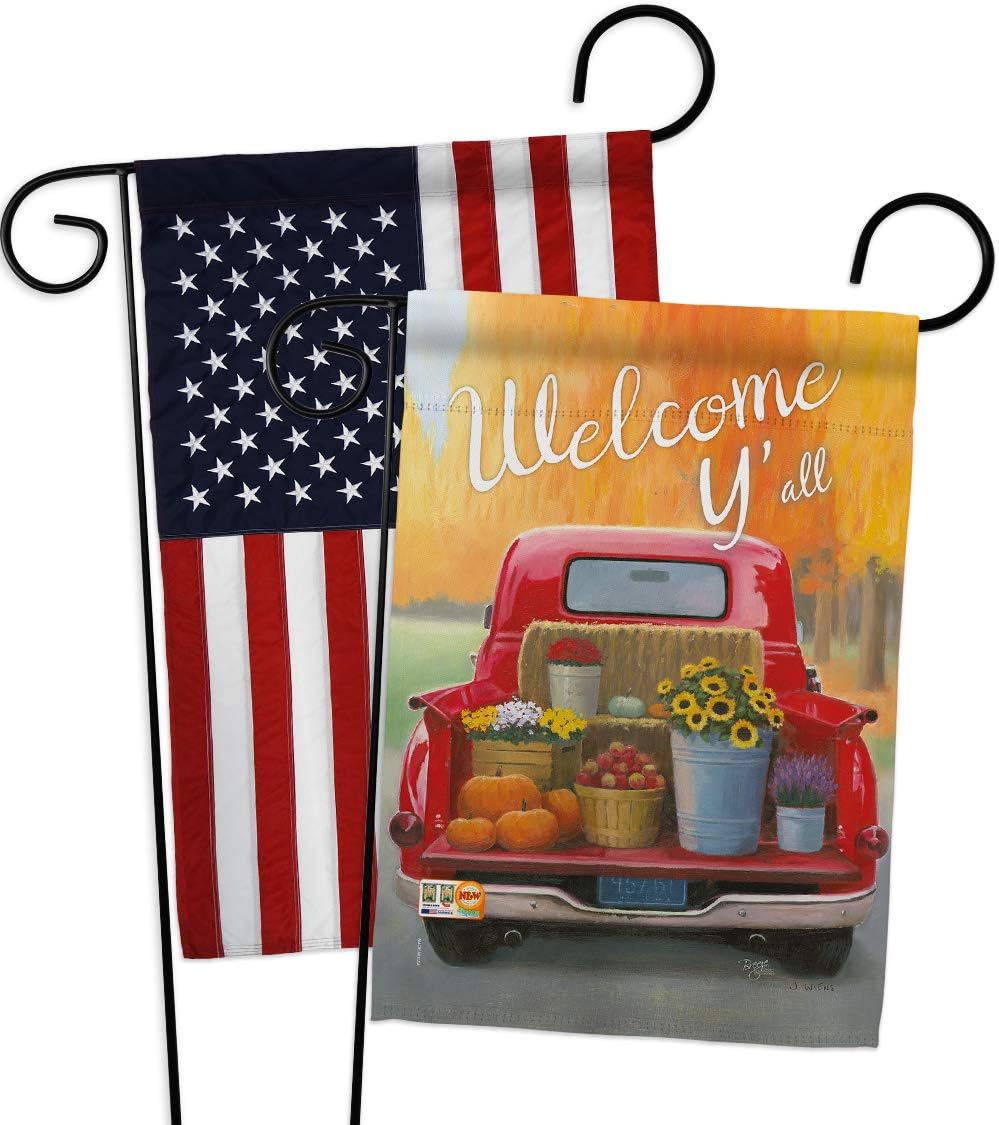 Welcome Harvest Truck Garden Flag - Pack Fall & Autumn Scarecrow Pumkins Sunflower Leaves Season Autumntime Gathering USA Applique - House Banner Small Yard Gift Double-Sided Made In 13 X 18.5