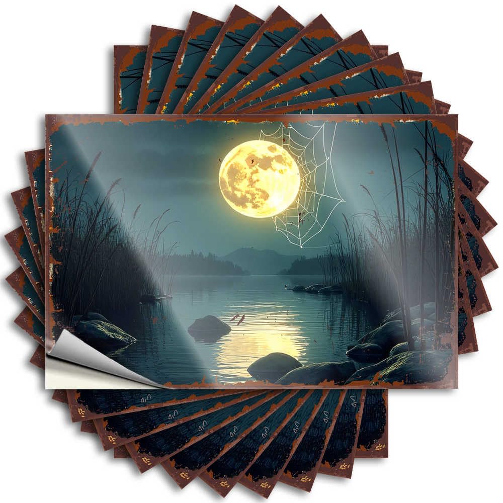 Decal Retro Decor Easy Apply | Moonlit Serenity: A Nighttime Lake Scene with Full Moon Western Bathroom Garage Peel and Stick(12X18CM)