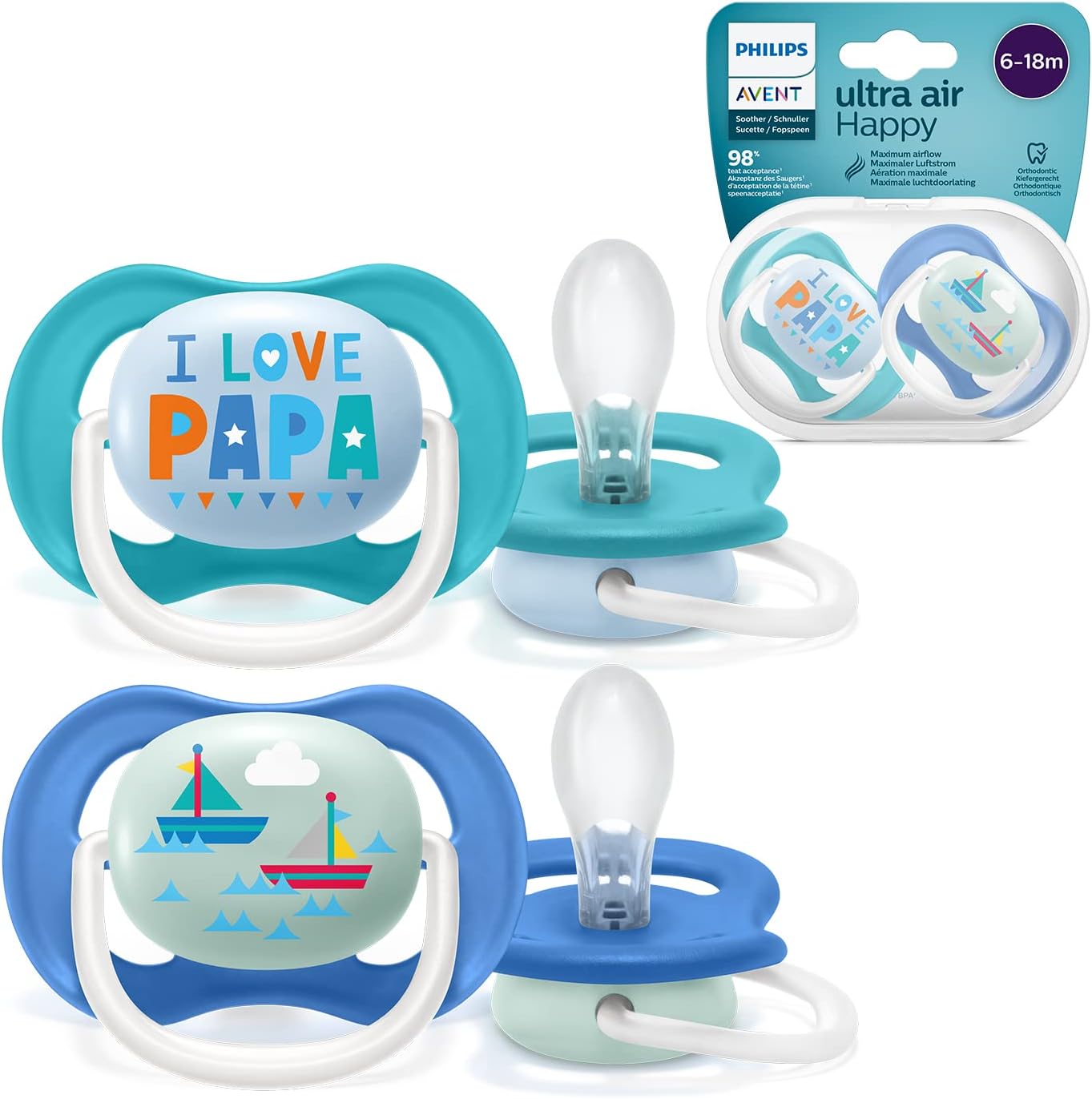 Philips Ultra Air Dummy, for 6-18 months, Orthodontic & BPA-Free, Including Sterilizer/Carrying Case, 2 pcs (Model ‎SCF080/03)