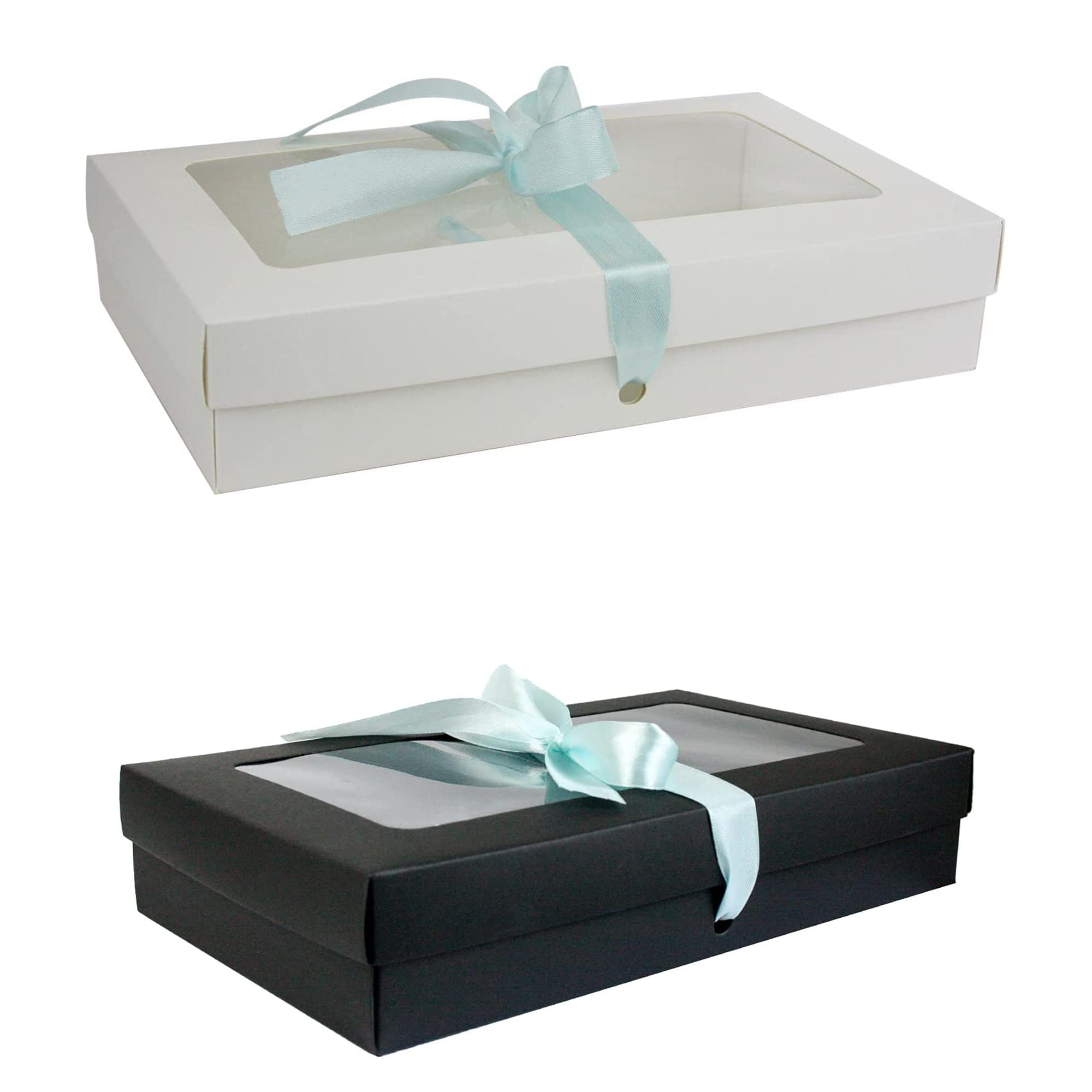 Emartbuy Pack of 12 White and Black Gift Boxes with Clear Window Lid & Light Blue Satin Ribbon - Medium-Large 27 x 16 x 6 cm - Recyclable Kraft Presentation Box for Hampers, Weddings & Favours