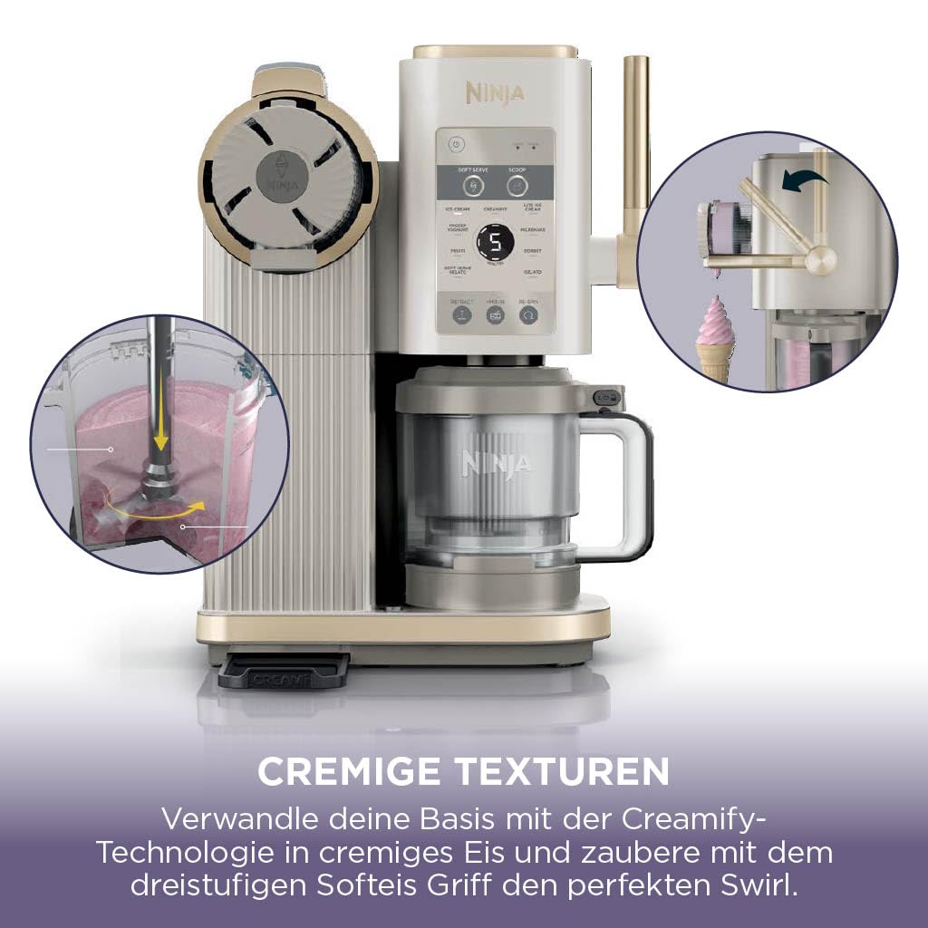 Ninja CREAMi NC701EUSTGD Eismaschine 2 Behälter 13 Funktionen Eiscreme Softeis Gelato Sorbet Milchshakes Mix-In Stone Gold