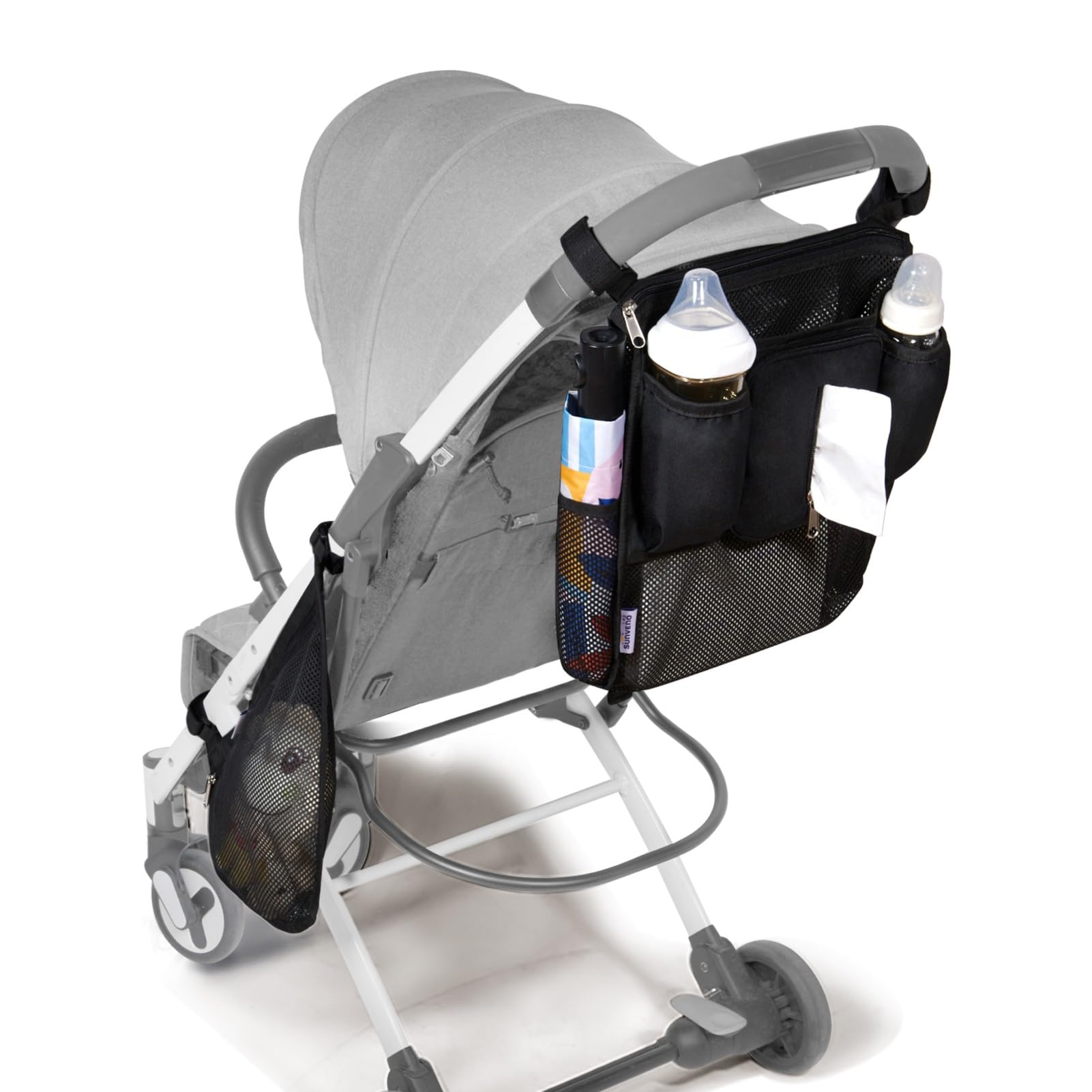 SUNVENO Organizer universale 2 in 1 per passeggino, portabicchieri isolati, tasca per telefono/polso con cerniera, tracolla laterale in rete, cinghie antiscivolo regolabili, si adatta alla maggior