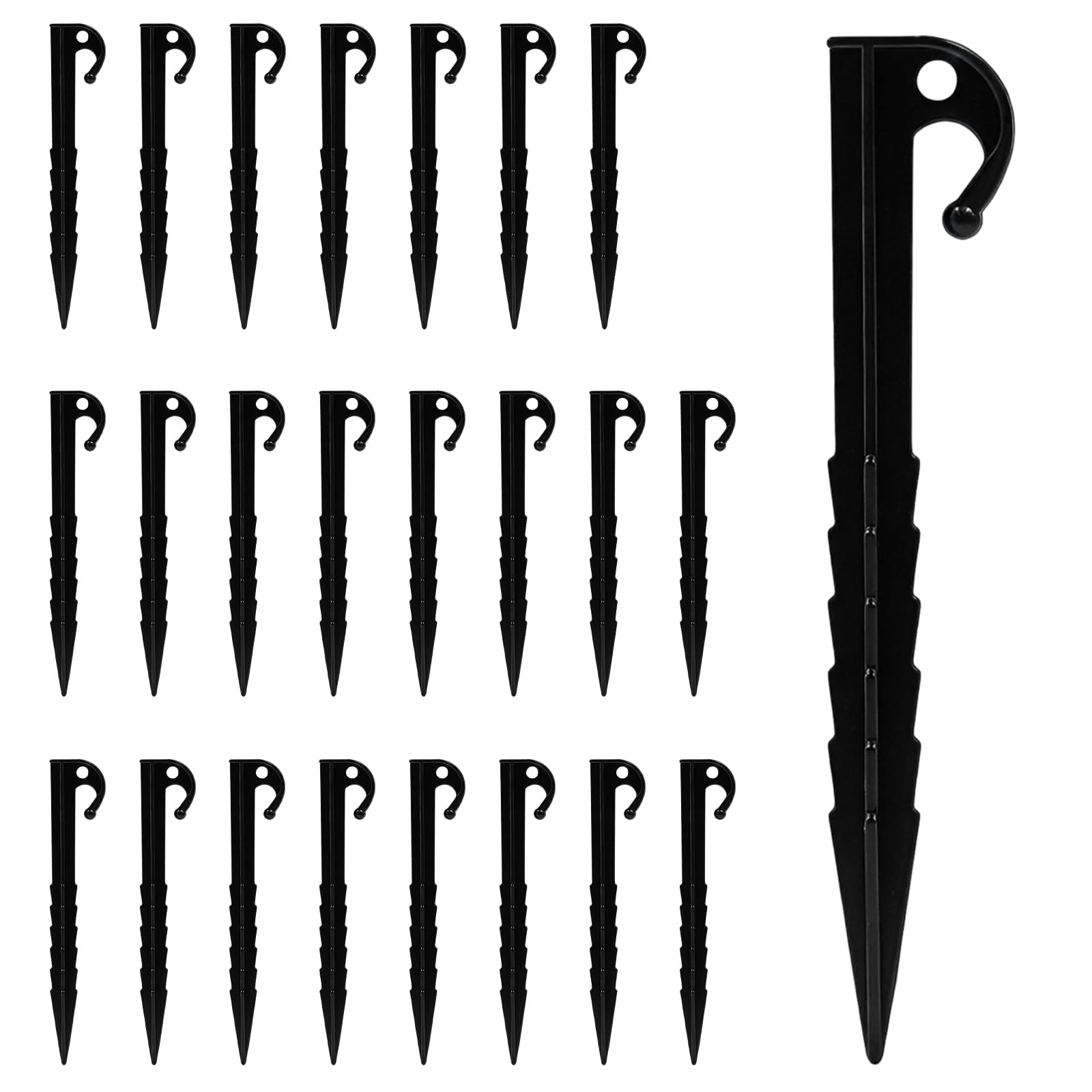 AMJKEJI 24 Pcs Plastic Tent Pegs Heavy Duty Ground Stakes with Spiral Design Camping Pegs for Fixing Tent, Canopies, Tarps, Garden Mat, Caravans - Black