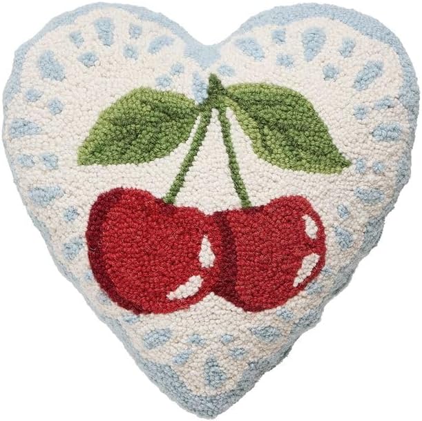 Peking Handicraft Cherry Heart Hook Pillow, 14-Inch, White, Blue, Red