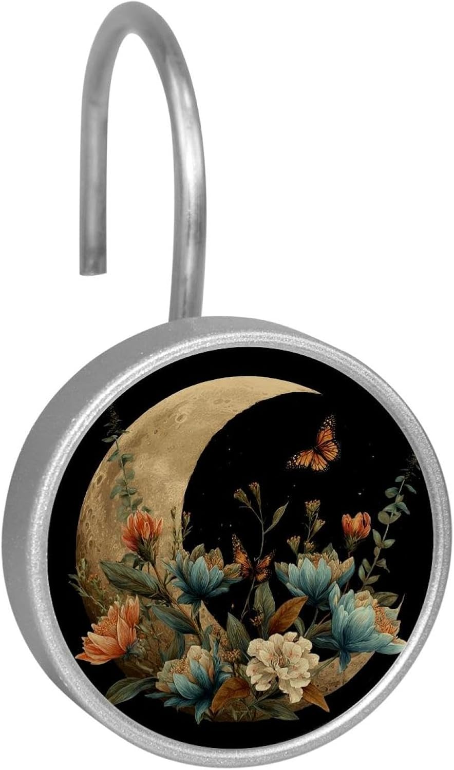 12PCS Aesthetic Moon Phase Nature Flower Plant Shower Curtain Hooks Rings for Bathroom, Decorative Shower Curtain Hooks Rods Curtains and Liner