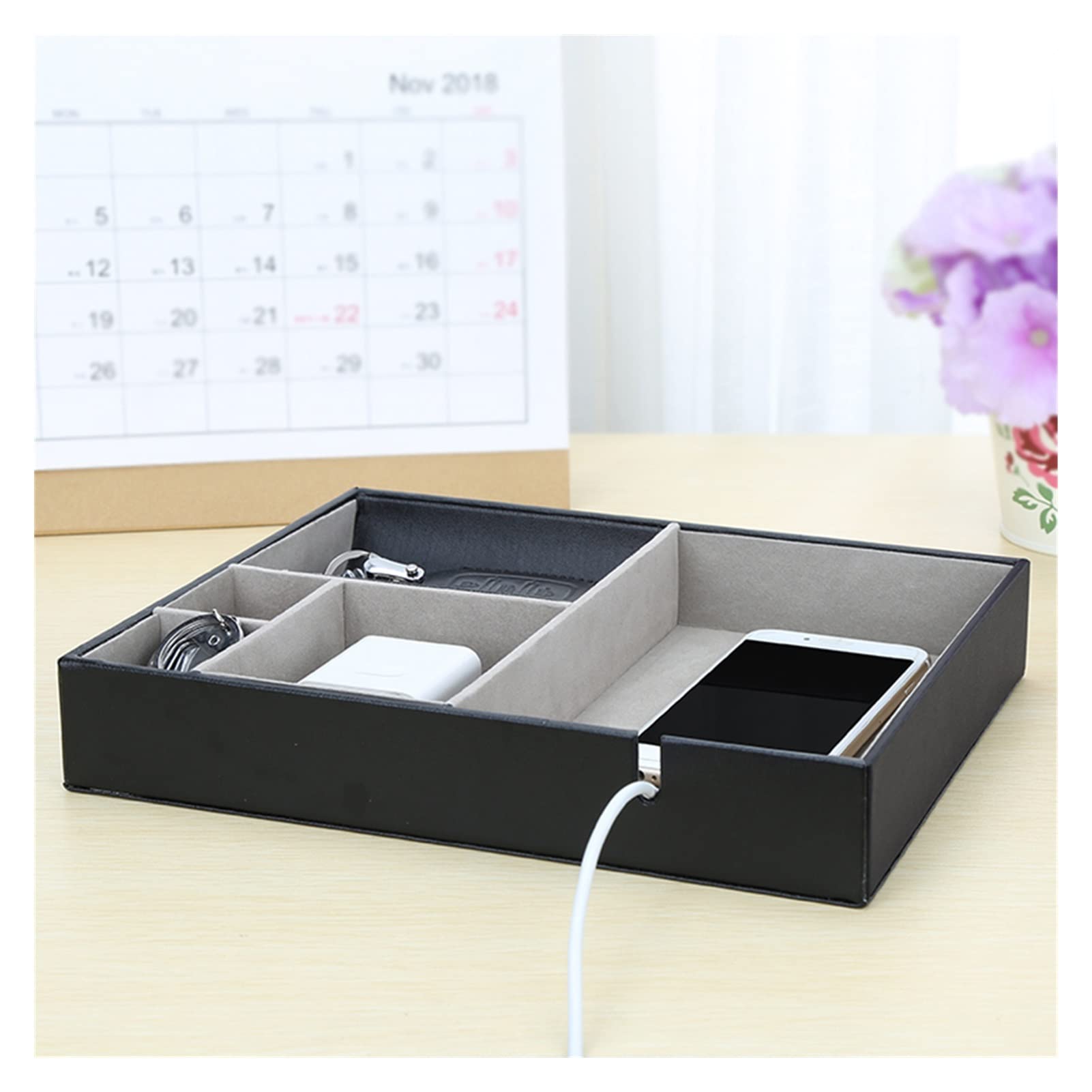 Key Storage Bowl Nightstand Organizer, Leather Mens Valet Tray for Wallet Phone, Catch All for Men