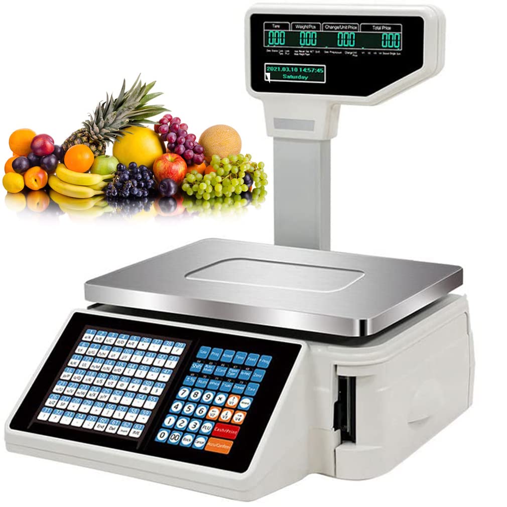 SaryEdge Digital Barcode Weighing Scales with Label and Receipt Printer, 30KG/66lb Back Front Dual Display, 63 Shortcut Keys Commercial Cash Register for Supermarket/Retail S,