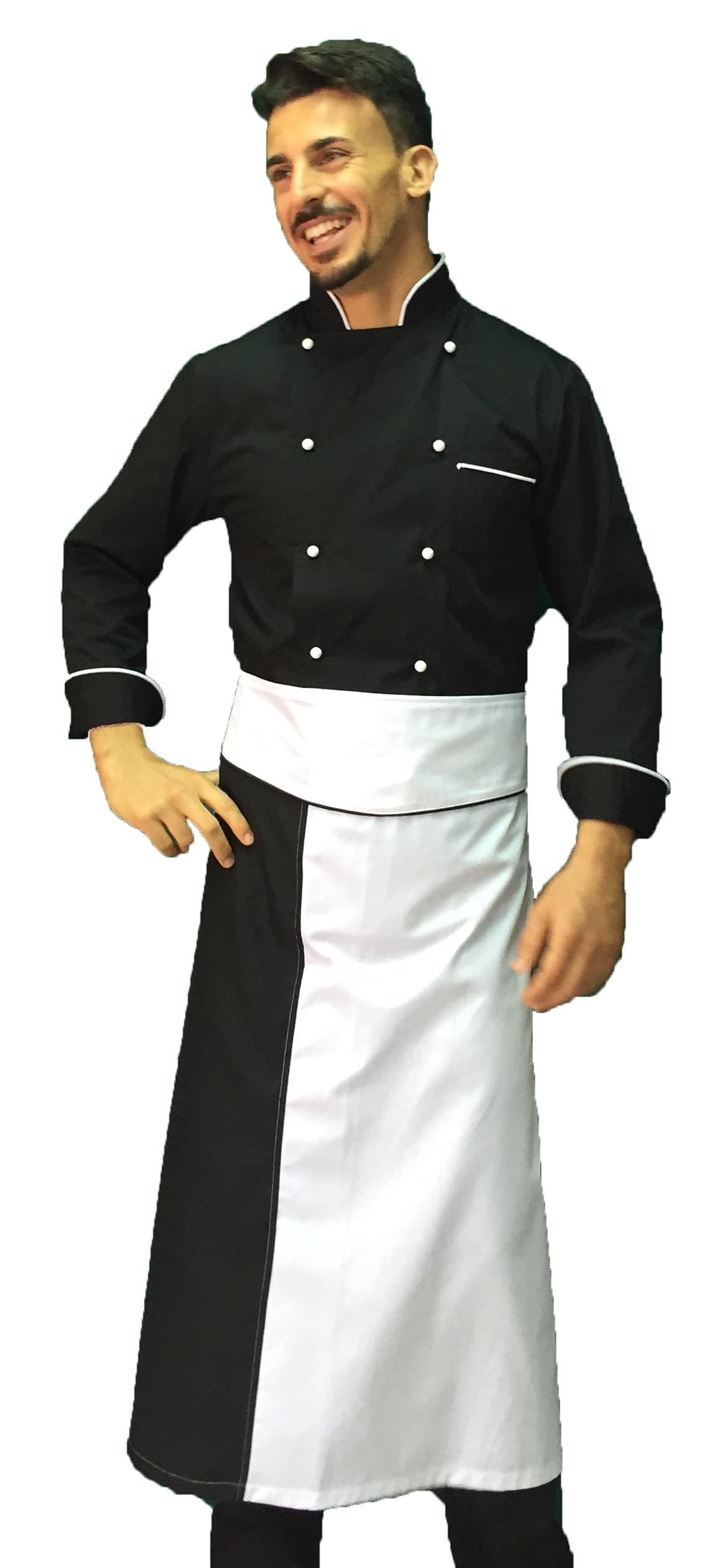 Ricamo Gratuito - Completo Cuoco Uomo - Nero e Bianco - Divisa Chef - Giacca, Pantaloni e Grembiule - 100% Cotone - Uniforme per Cucina e Ristorante