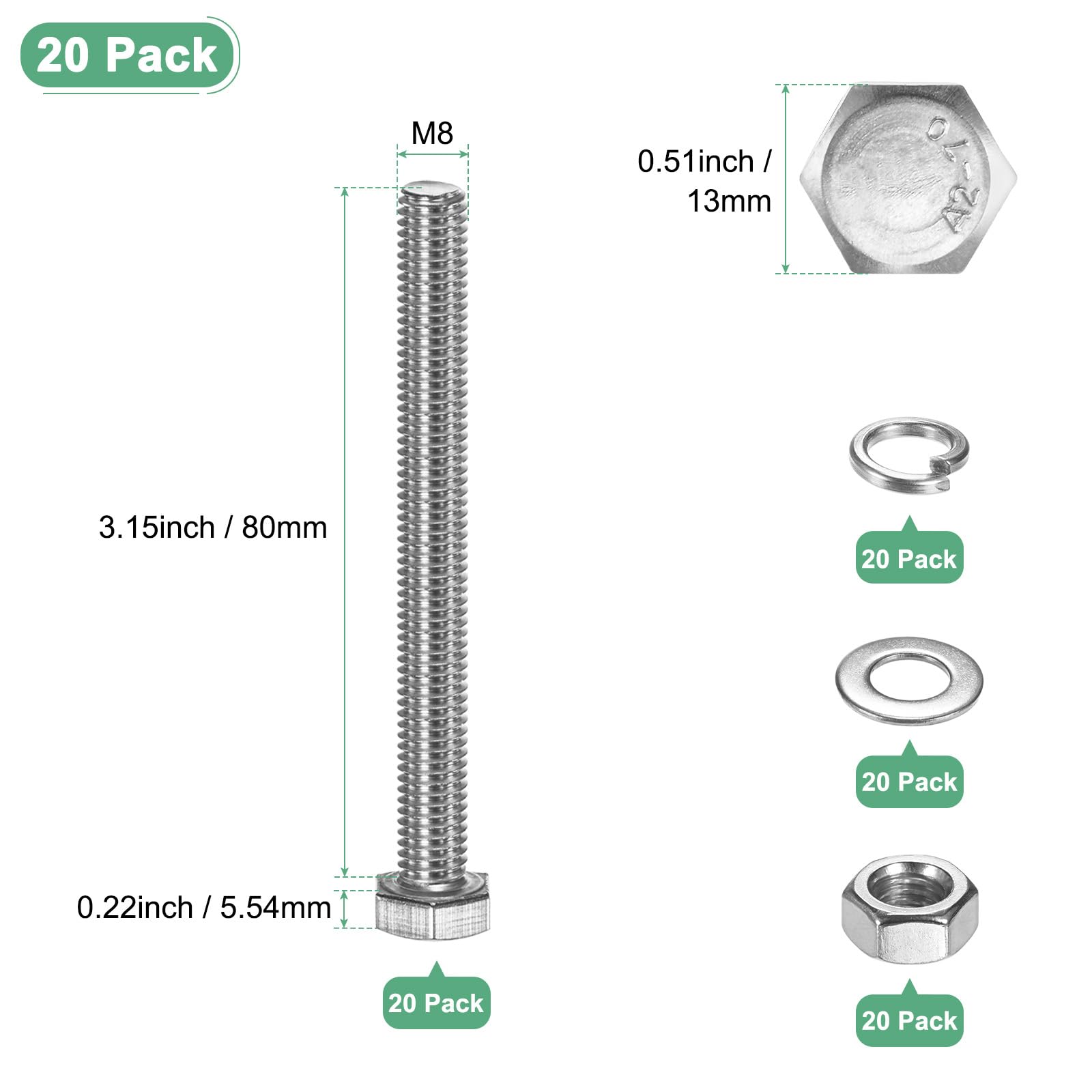 M METERXITY 20-Pack Hex Head Screw Bolt with Nuts Flat & Lock Washers M8x80mm Stainless Steel Bolts and Nuts Kit Fully Threaded Metric Bolt Assortment for Equipment/Machinery - Image 3