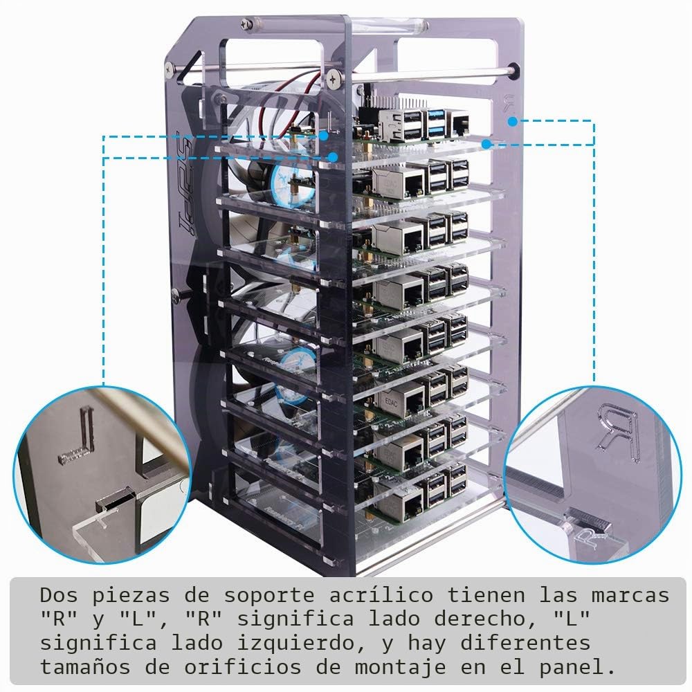 GeeekPi Caso de Cluster Raspberry Pi 8 Capas Apilable con Ventilador 120mm RGB LED 5V para 4B/3B+/3B/2B/B+ y Jetson Nano