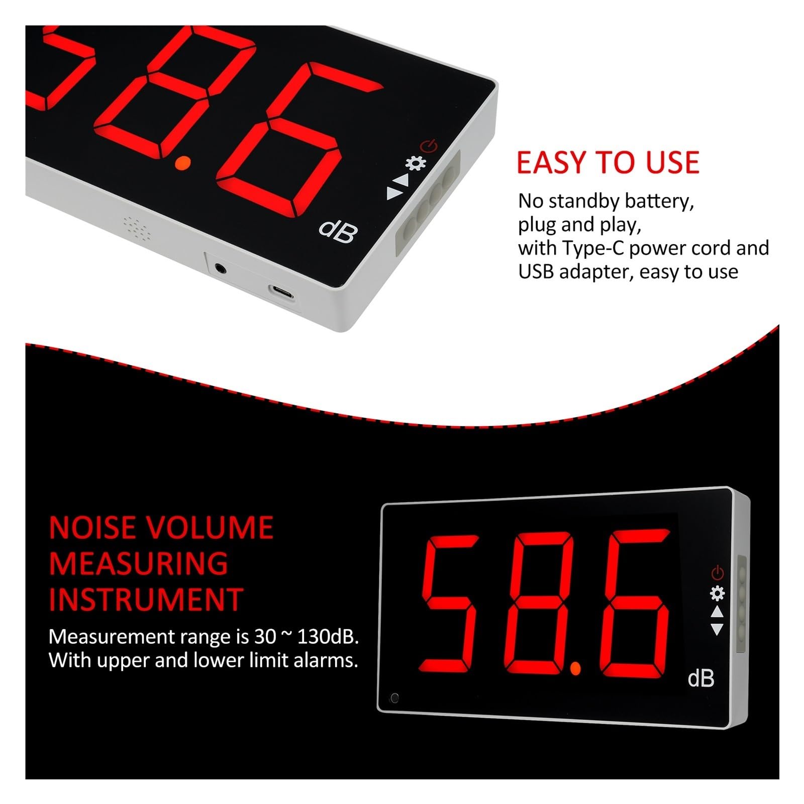 Medidor de Decibeles, Nuevo medidor de nivel sonido con pantalla LCD grande, probador monitoreo decibelios ruido Digital montado en la pared