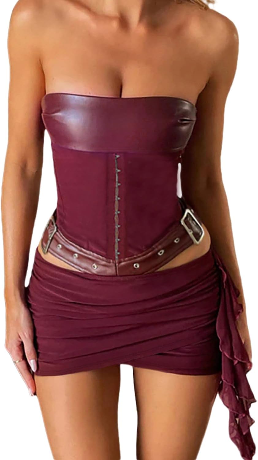 Womens 2 Piece Outfits Sexy Leather Backless Lace Up Corset Tube Top and Belt Ruched Mini Skirt Set Y2k Cute Going Out Set - Image 2