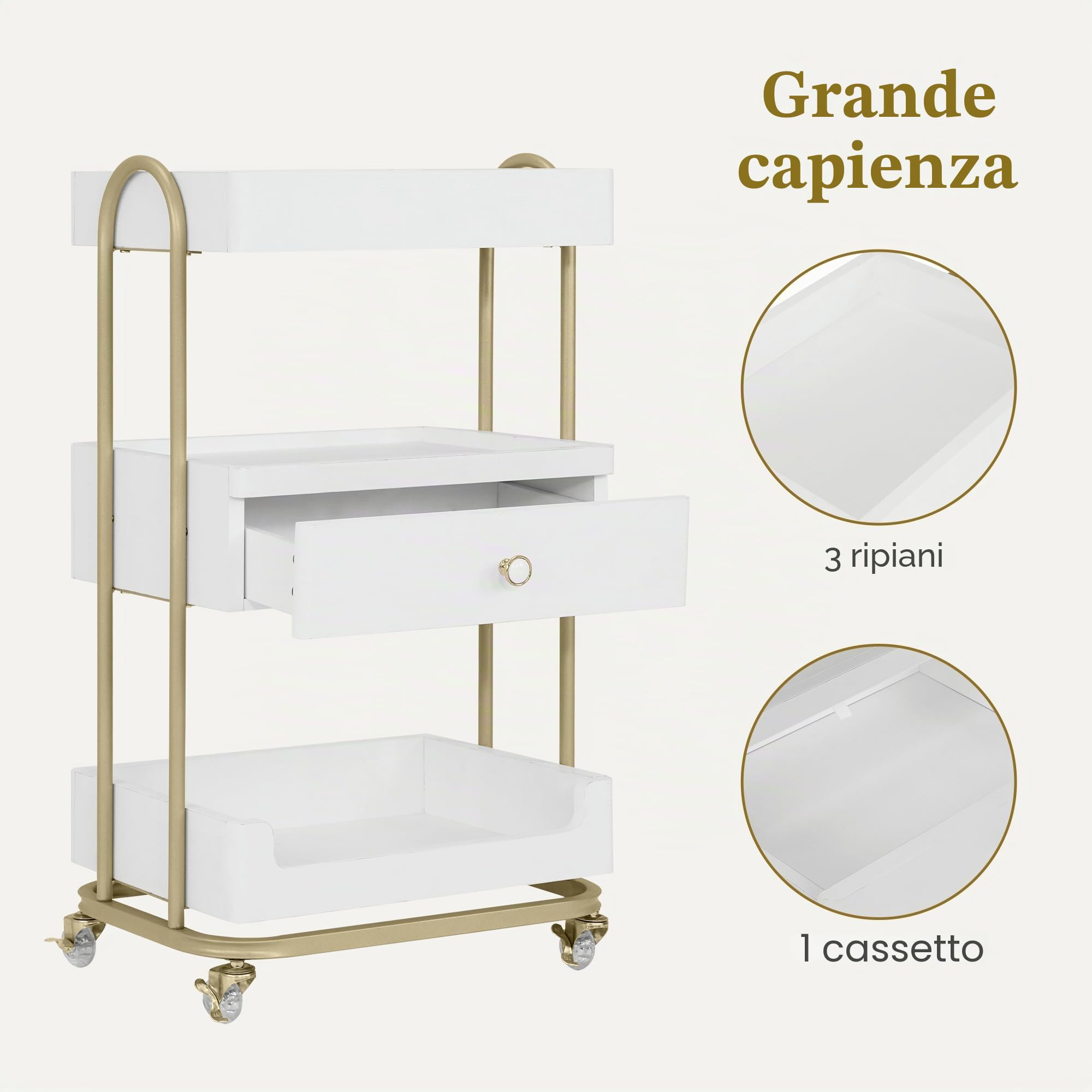 Barberpub Carrello da portata con ruote e cassetto, carrello da parrucchiere, carrello da salone con 3 ripiani, moderno per bagno, soggiorno, 37 x 51 x 87 cm, 0093