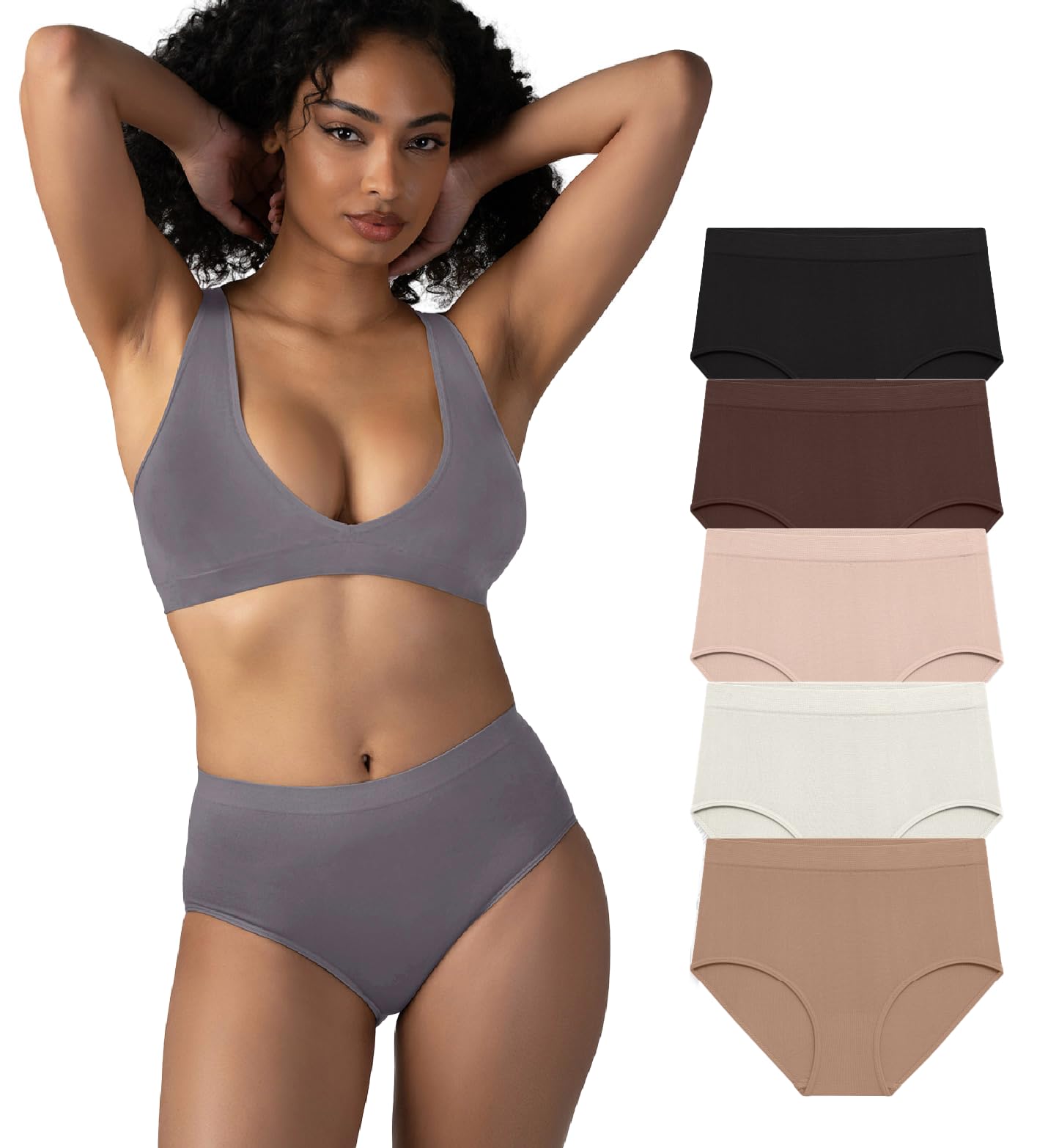 Attributes Womens Seamless Briefs, Ropa Sin Costuras Para Mujeres, 5 Pack, Breathable, Moisture Wicking, Black/Brown/Sand/White/Café, M