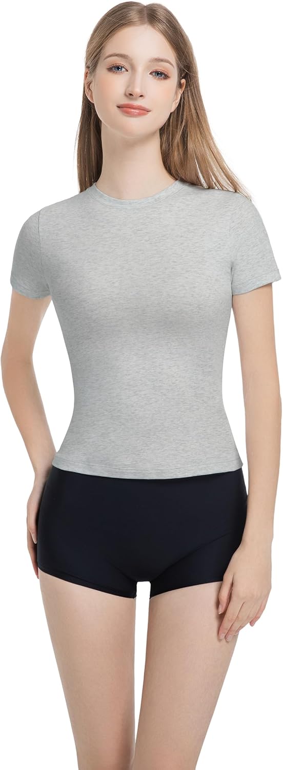 Women’s Slim Fitted Crew Neck T-Shirt Stretchy Cotton Y2K Short Sleeve Tees for Workout Basic Tees Going Out Tops - Image 9