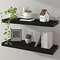 Vista 9 de Estantes flotantes de pared de madera maciza, almacenamiento para dormitorio, sala de estar, juego de 3, estantes de pared negros rústicos