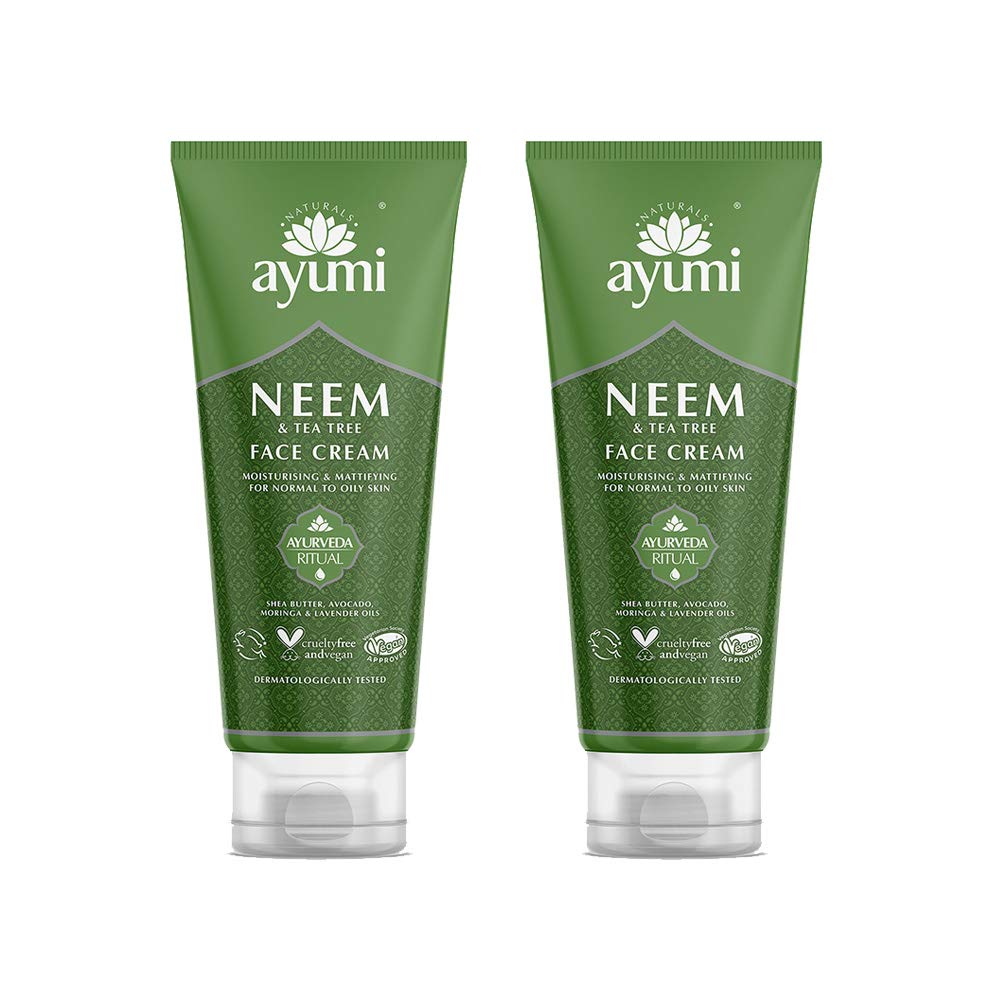 Ayumi Neem & Tea Tree Face Cream, Balanced Blend of Moisturisers & Moringa Oil to Maintain Hydration For Oil-Prone Skin, With Witch Hazel & a Hint of Nettle - 2 x 100ml