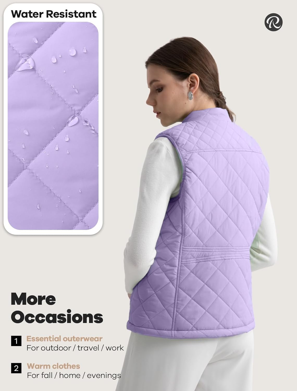 Women's Vest, Quilted Puffer Water-Resistant Zip With Pockets - Image 3