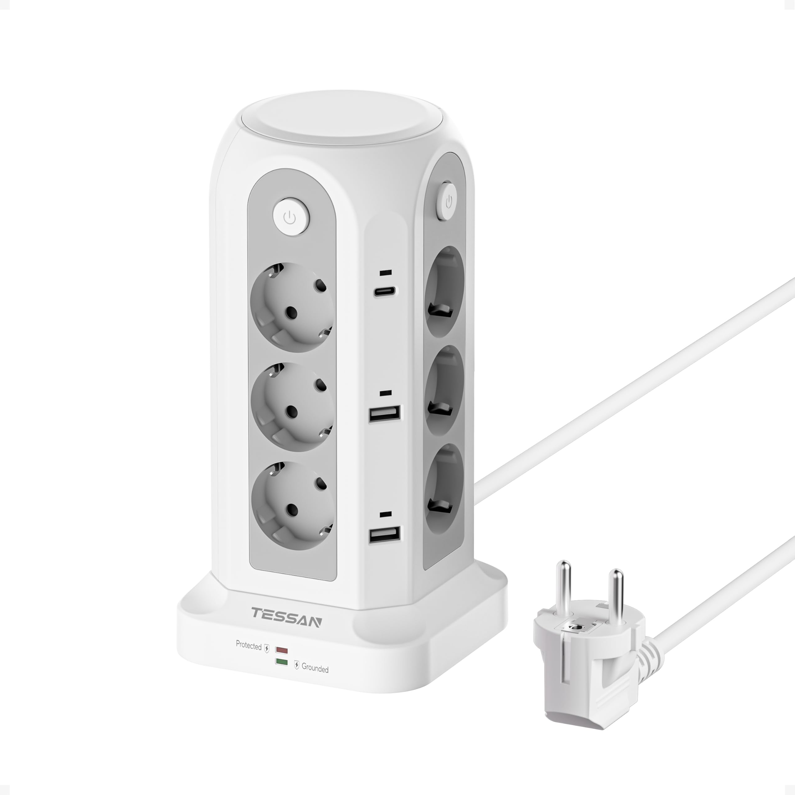 TESSAN 12 Fach Mehrfachsteckdose mit USB C, Steckdosenleiste mit 4 Einzelnen Schalter, Verlängerungskabel 2M Verteilersteckdose, Mehrfachsteckdose mit Überspannungsschutz, Steckdosenturm Weiß