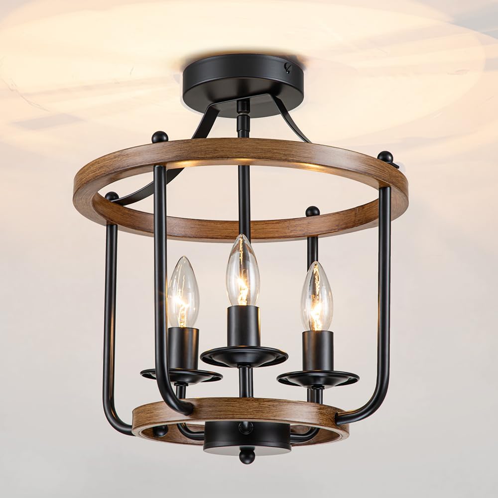 Farmhouse Semi Flush Mount Ceiling Light Fixtures, Industrial Rustic Ceiling Lamp Metal Cage Hallway Light Fixtures(3-Light Wood Finish)
