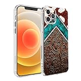 Theiokeit Phone Case Compatible with iPhone 13 Pro Turquoise Tooled Leather Western Cowgirl Cowhide Prints Shockproof Side Striped Soft Phone Cover