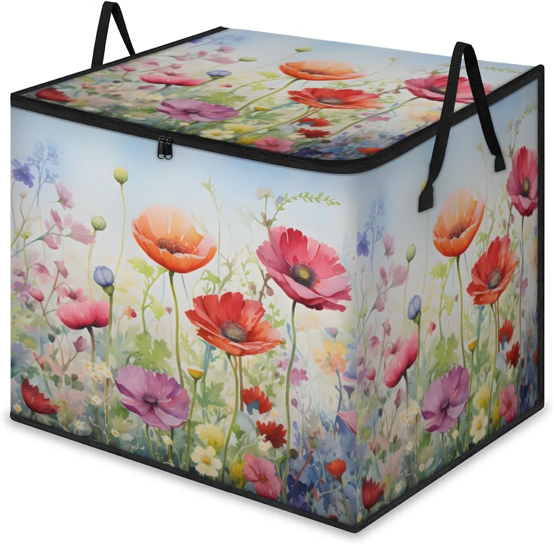 Honeybaby 214L Extra Large Comforter Storage Bag Watercolor Poppy Flowers Storage Totes with Lids Waterproof Closet Organizer Folding Blanket Storage Bags for Clothes Bedding Pillows