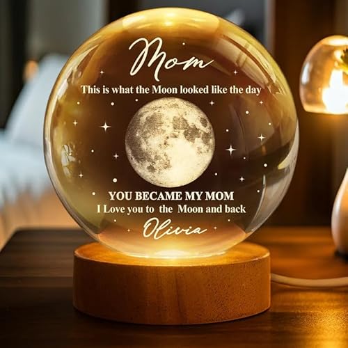 WANDER PRINTS Personalized Crystal Globe Lamp - Moon Phase Night Light, Custom Date Mom Gift, Romantic LED Glass Lamp, Mother’s Day Keepsake - Moon Phase The Moon The Day You Became My Mom