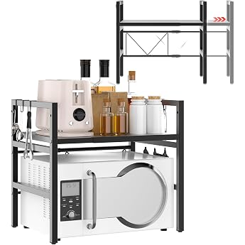 Expandable Microwave Shelf 2 Levels Microwave Shelf Black Height Adjustable & Expandable 6 Removable Hooks Space-Saving Organiser for Worktop 2 Levels of 25 kg 2025 Design
