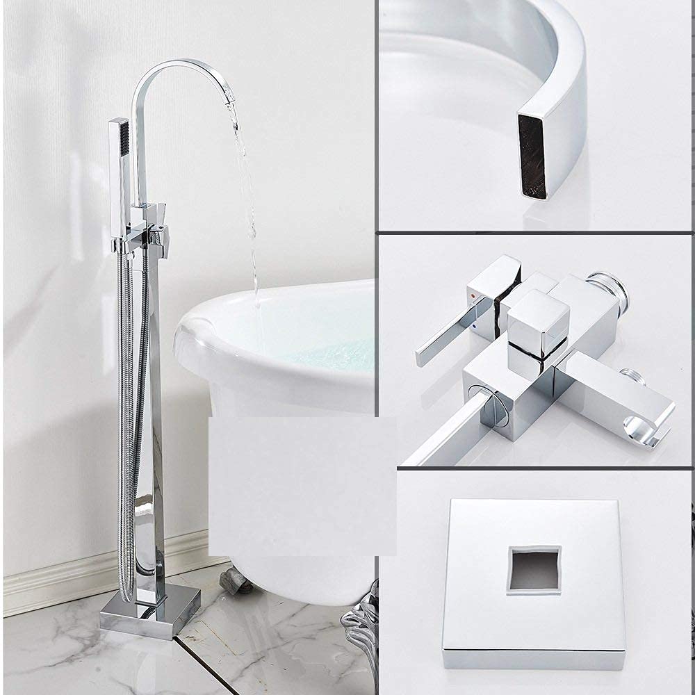 SnamicE Faucet Bathtub Faucet Brushed Nickel Bathtub Faucet Freestanding Bathroom Tub Faucet with Handshower Swive Spout Floor Mounted Bath Shower Mixer Tap,Matte Black,Chrome