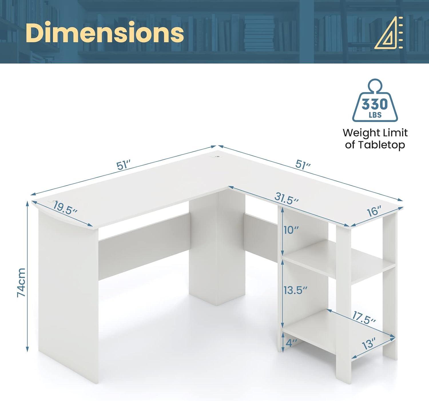 Giantex L Shaped Computer Desk, 51" Large Corner Desk with 2 Cable Holes & 2 Storage Shelves, Modern Office Gaming Table, Writing Study Workstation with CPU Stand for Home Office, White