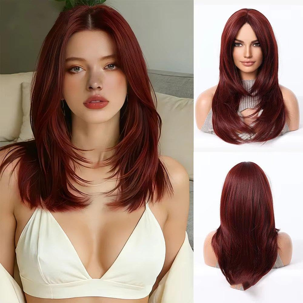 Haarpflege Rotbraune Perücke Natürliches Geschichtetes Haar Für Frauen Tägliche Party Cosplay Mittellanges Glattes Haar Hitzebeständig