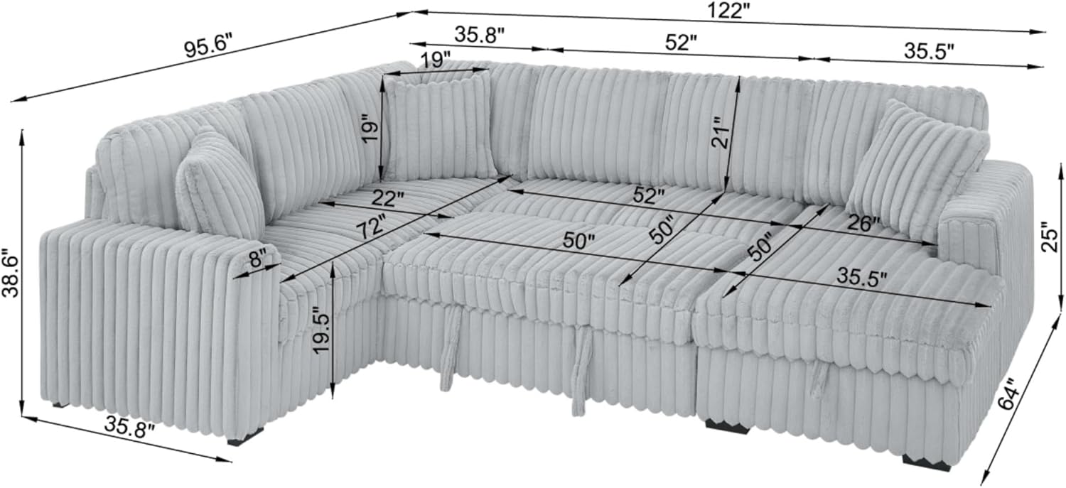 KEIKI 122" Pull-Out Sofa Bed, Sleeper Pull Out Sectional Couch, Oversized U Shape Sleeper Sofa Bed with Storage Chaise, USB Ports for Apartment Living Room, Gray