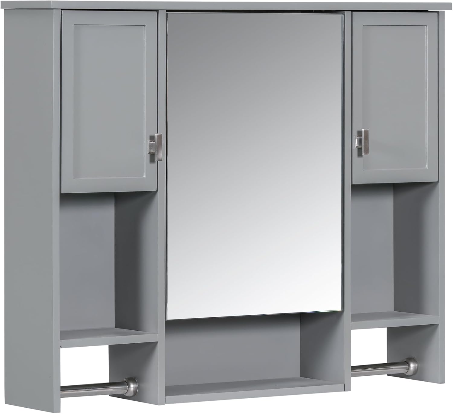 Modern Space-Efficiency Wall Cabinet, 35 Inch Wide Bathroom Storage with Mirror, Open Shelves & Built-in Towel Bar, Perfect for Compact Bathrooms (Grey)