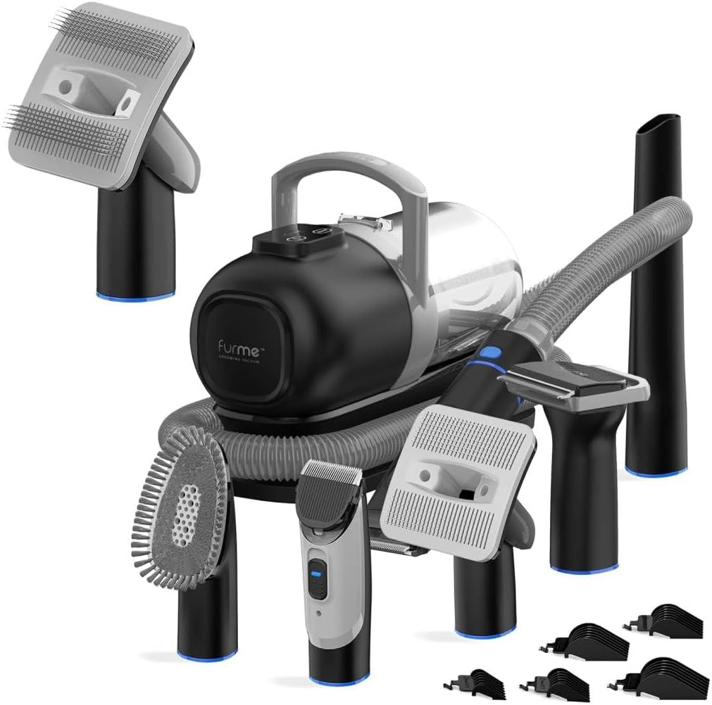 FURME Original Pet Grooming Vacuum Kit - 5 Tools, 1L Canister & Extra Long Bristle Brush Attachment - Quiet & Safe Set for All Dogs, Cats and Pets