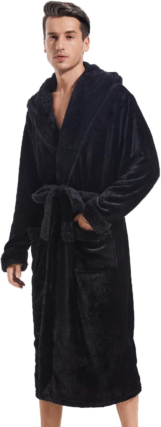 Inner Wish Mens Hooded Robe, Plush Long Bath robes Cozy Warm Bathrobe Fuzzy male Spa Robe With Pockets - Image 2