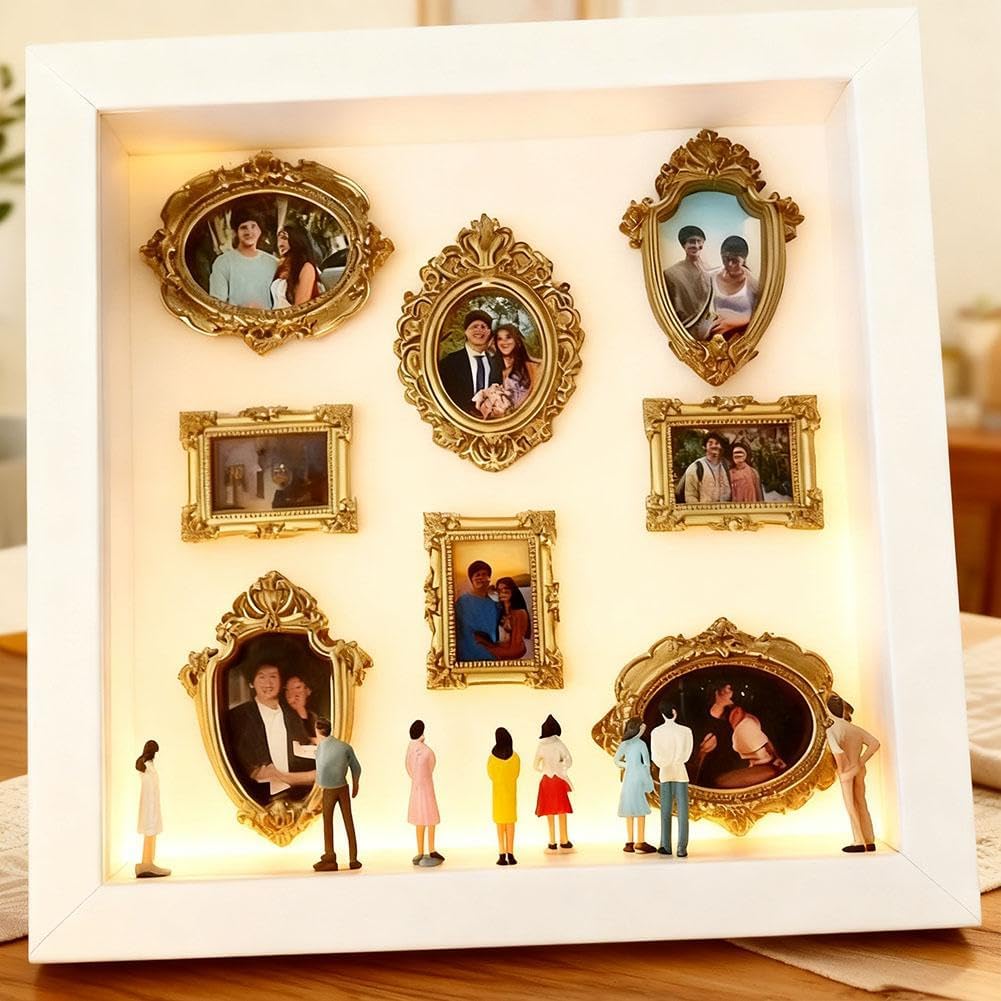 DIY Museum Silhouette Box – Shadow Box Frame Kit with Gold Mini Frames & Figurines, DIY Photo Family Memory Display Case Frame Silhouette Boxs for Anniversary Home Decor (Black)